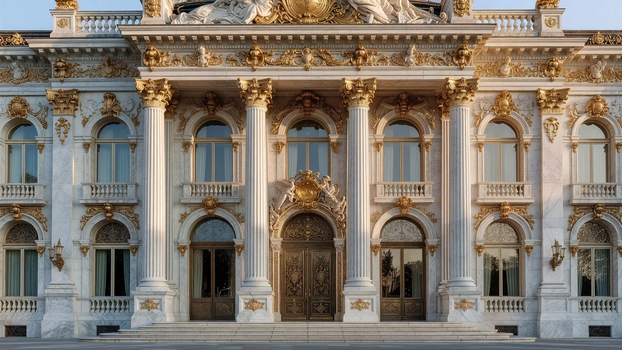 Ornate Belle Époque casino facade with columns and gilded details