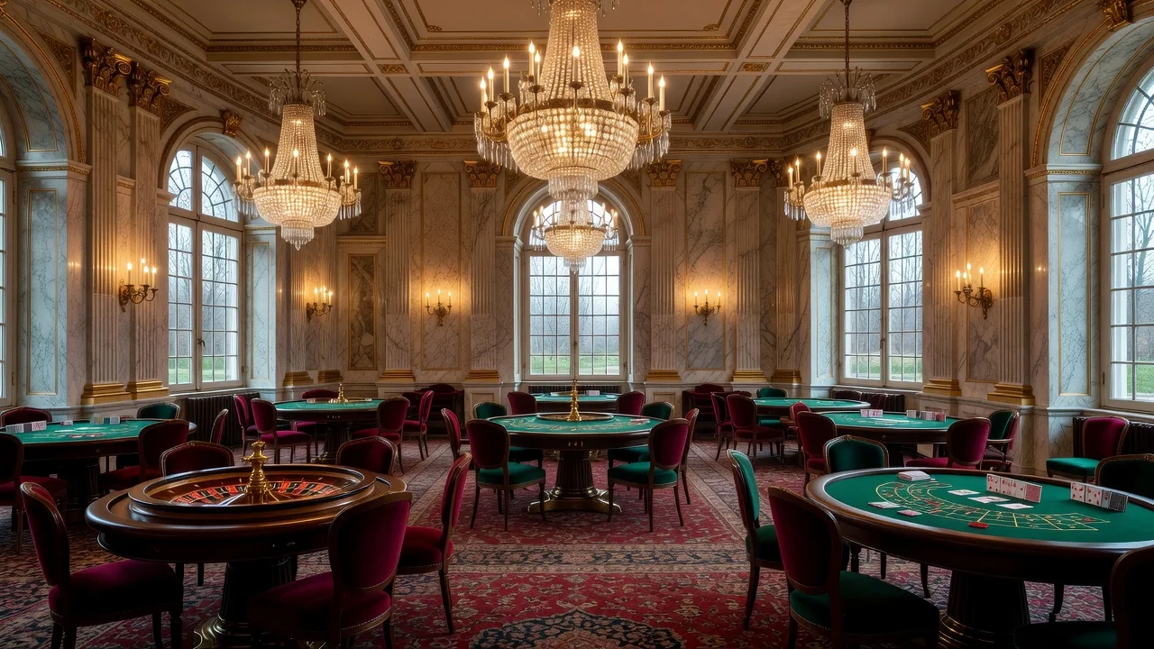 Chandeliered neoclassical gaming salon in a German spa-town casino