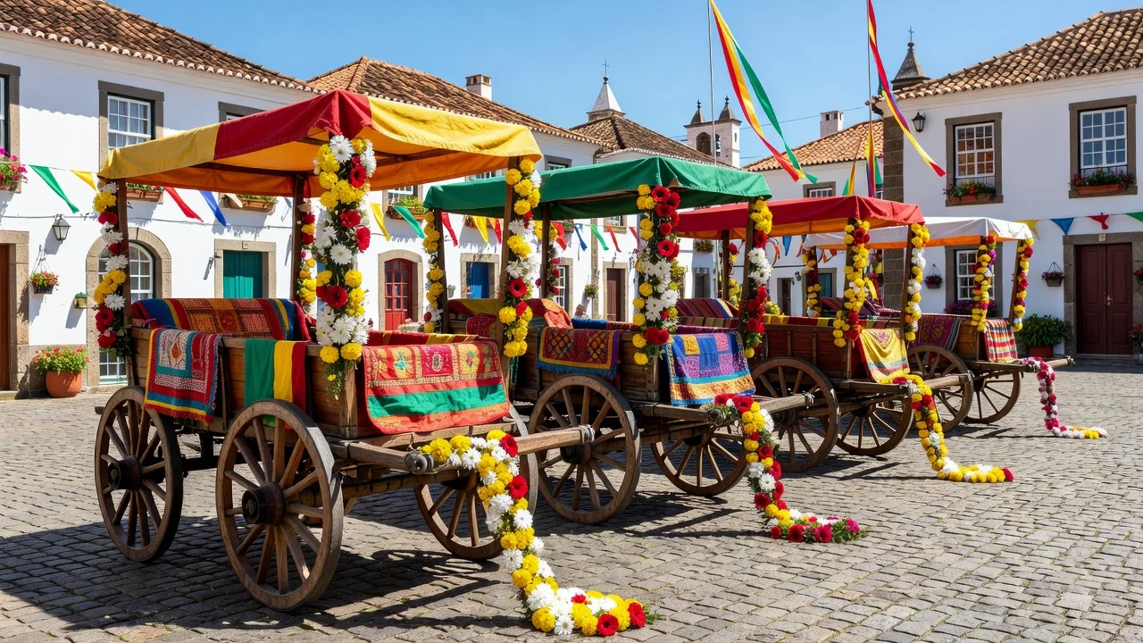 Carros de toldo com colchas coloridas num terreiro da ilha Terceira
