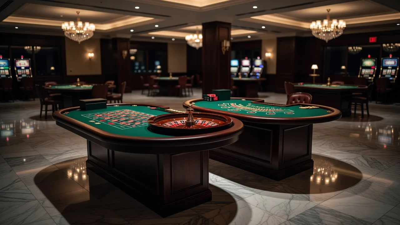 Roulette and blackjack tables at Casino Bucharest during evening hours