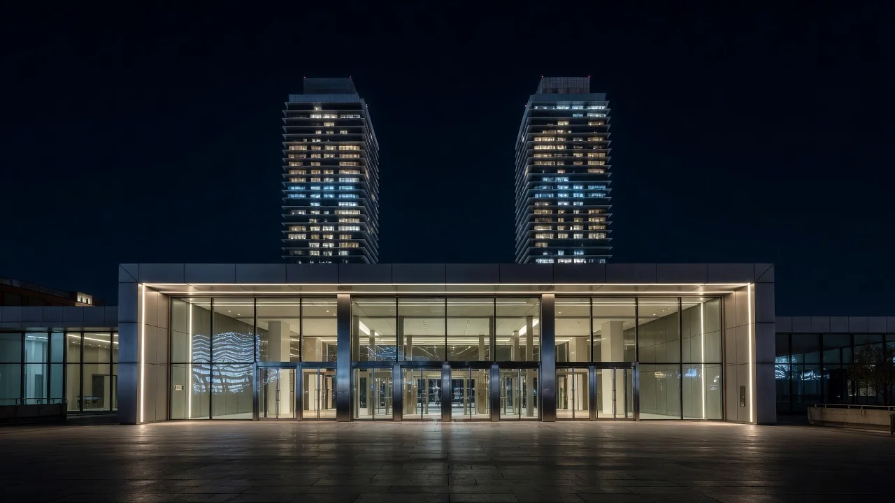 Casino de Barcelona entrance beneath the Port Olímpic towers at night