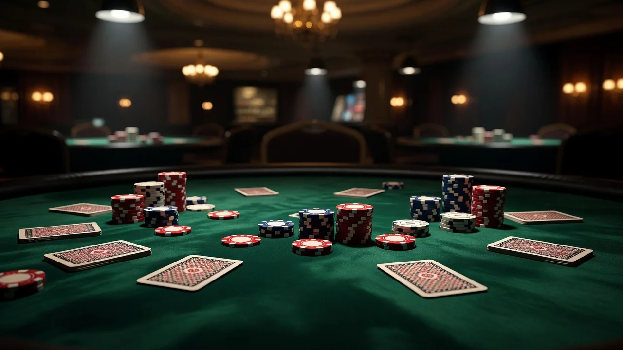Poker table with cards and chips at Casino de Barcelona