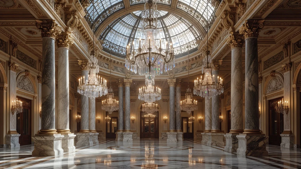 Belle Époque atrium of the Casino de Monte-Carlo with chandeliers and marble columns