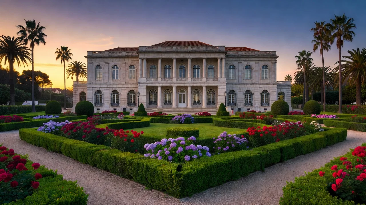 Casino Estoril facade and gardens at dusk on the Portuguese Riviera