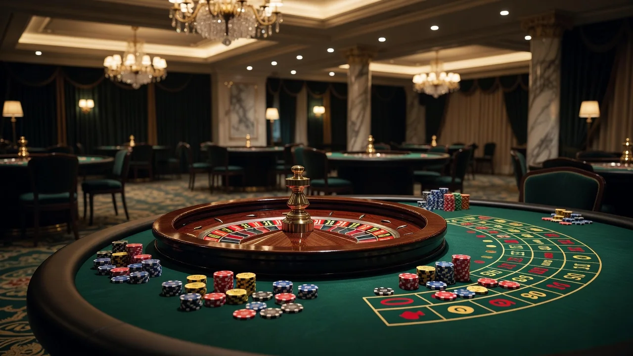 Roulette wheel and chips on the Casino Estoril gaming floor