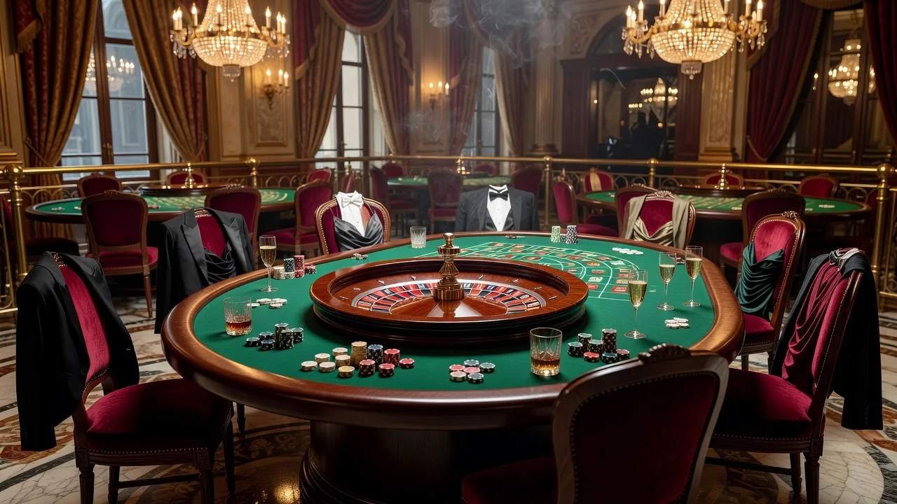 Elegant casino guests in evening dress at a European roulette table