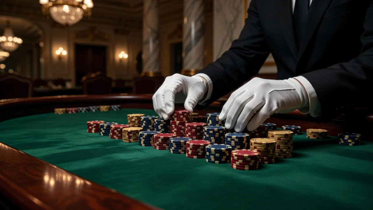 Dealer’s hands arranging chips at a formal European casino table