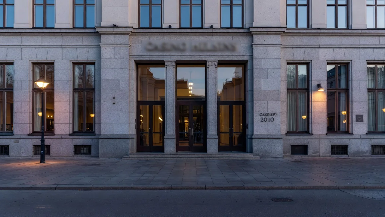 Casino Helsinki entrance on Mikonkatu in central Helsinki at dusk