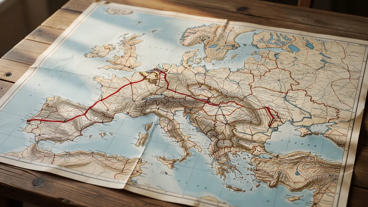 Map of Europe with casino route marked from Lisbon to Rozvadov