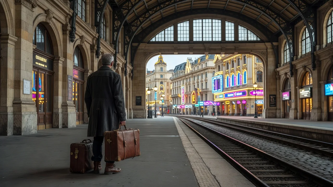 Traveller with luggage at a European rail station near a casino district