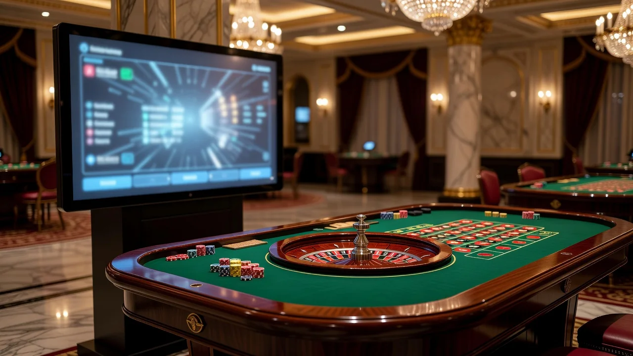 Digital concierge screen beside a classic roulette table in a European casino