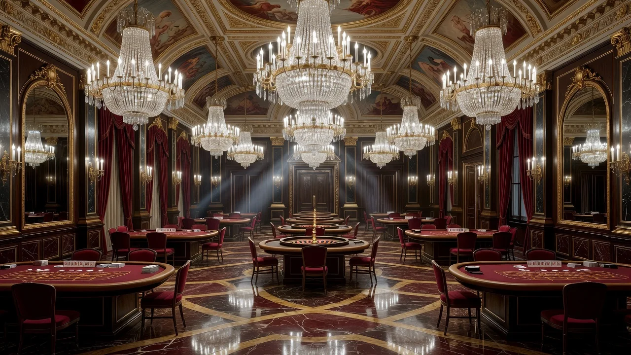 Panoramic view of a grand European casino interior with chandeliers and gaming tables