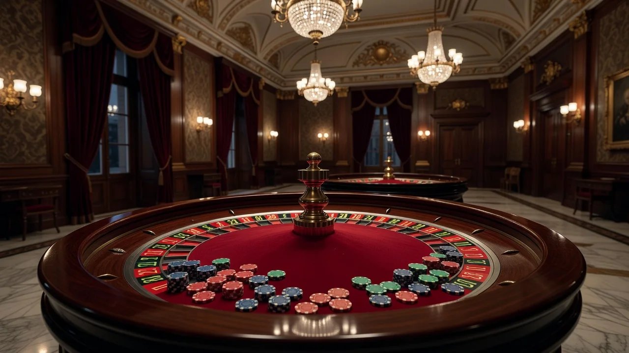 European roulette wheel with chips in a historic casino salon
