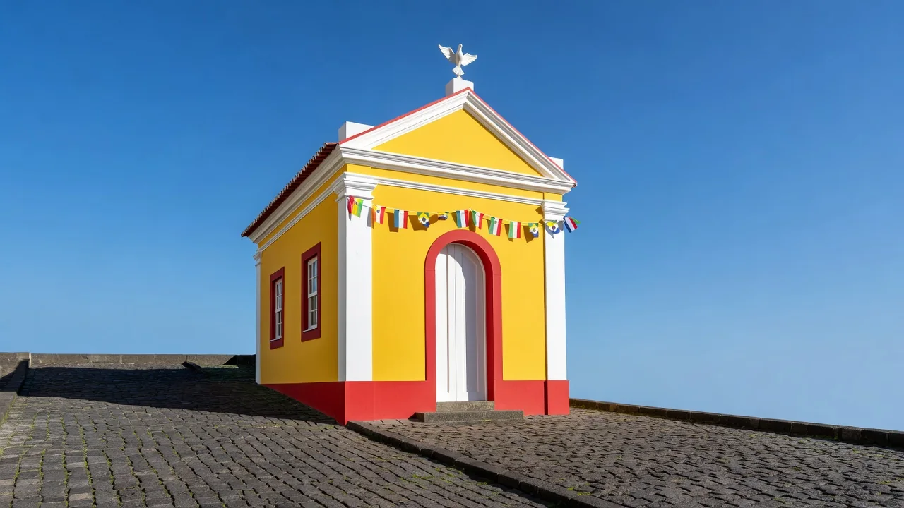 Fachada colorida de um império do Divino nos Açores