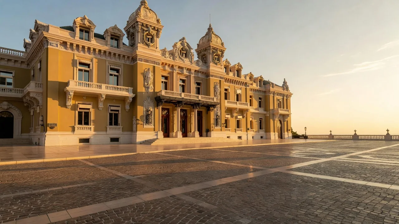 Casino de Monte-Carlo facade and Place du Casino at golden hour