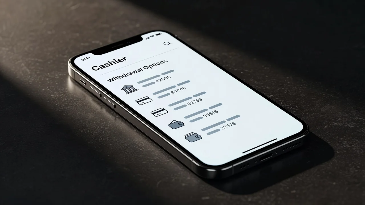 Smartphone showing a new online casino cashier with withdrawal options