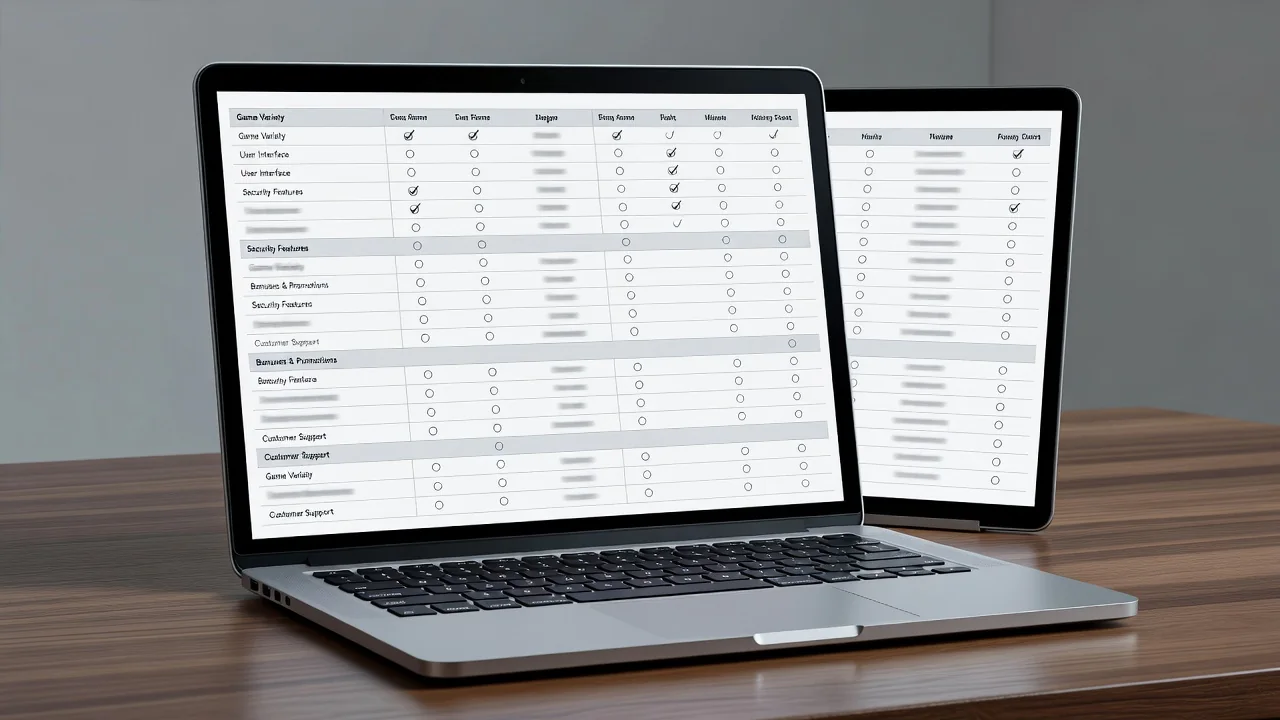 Comparison checklist for evaluating a new European online casino on a laptop screen
