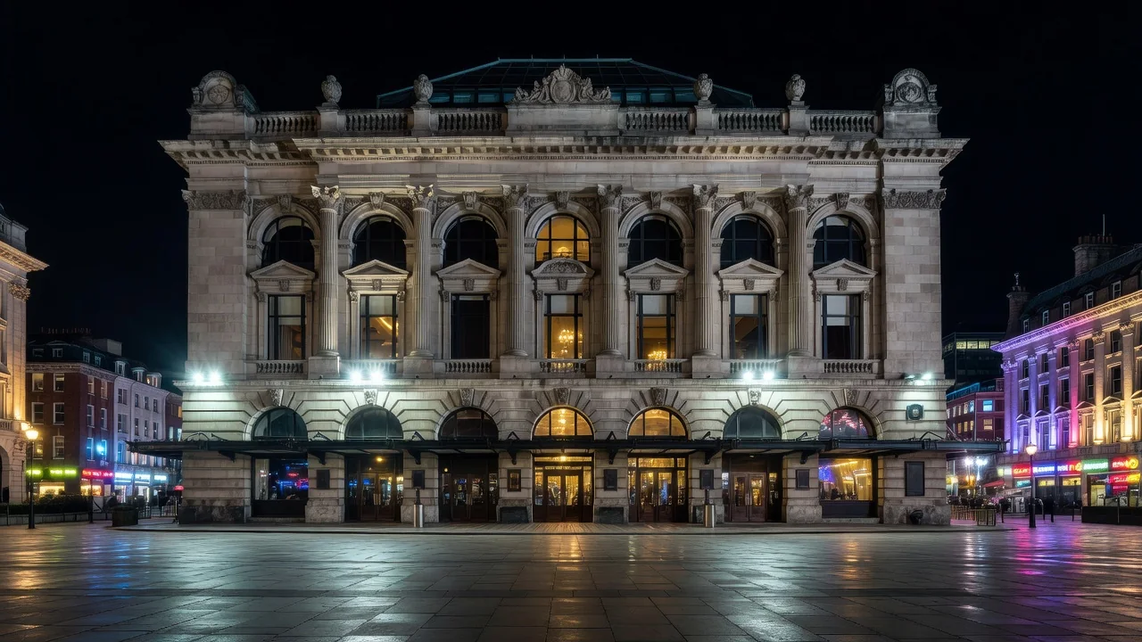 The Hippodrome Casino facade on Leicester Square at night